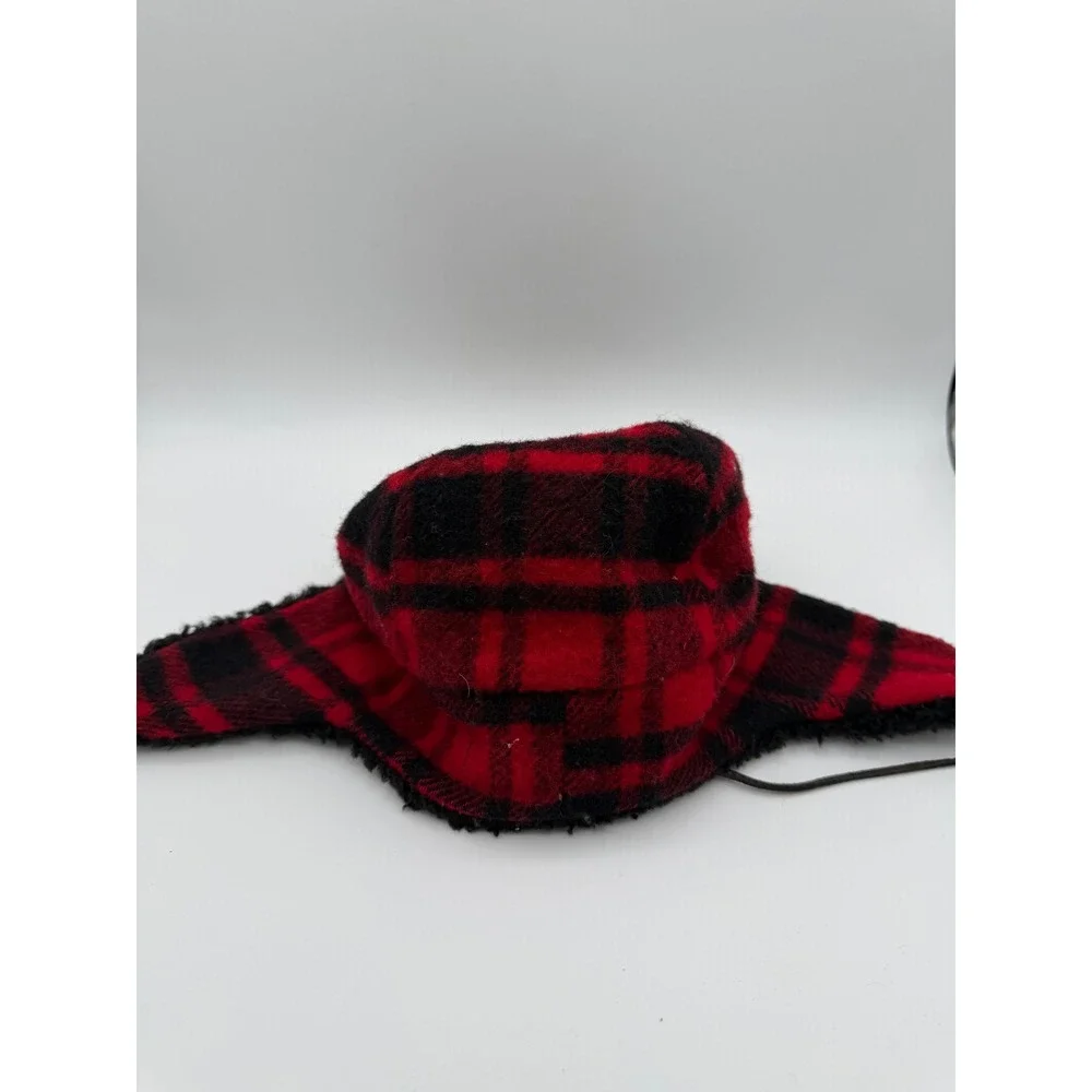 Vintage‎ Eddie Bauer Red Black Plaid Wool Trapper Hat Faux Fur Ear Flaps Large